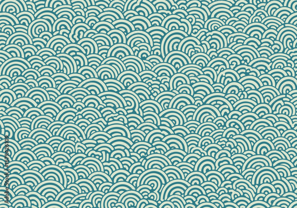 Fototapeta premium Abstract seamless pattern featuring teal blue and white curved geometric shapes