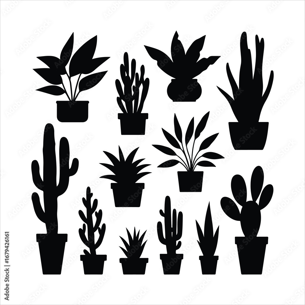 Fototapeta premium Collection of black silhouette potted plants and cacti on white background cactus succulent