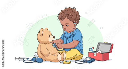 Little Doctor Examines Teddy Bear With Stethoscope Playing Medical, Cute Toddler Fun Illustration