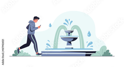 Modern Man Checks Mobile device next to fountain, enjoying the outdoors environment in the park