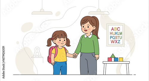 Mother dropping off her child to school with love and support for a better future