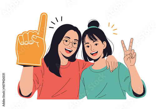 Two happy friends celebrating victory with a foam finger and peace sign