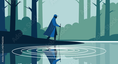 Lone Figure Walks Along Water's Edge Near Forest, Silhouetted and Reflected Perfectly