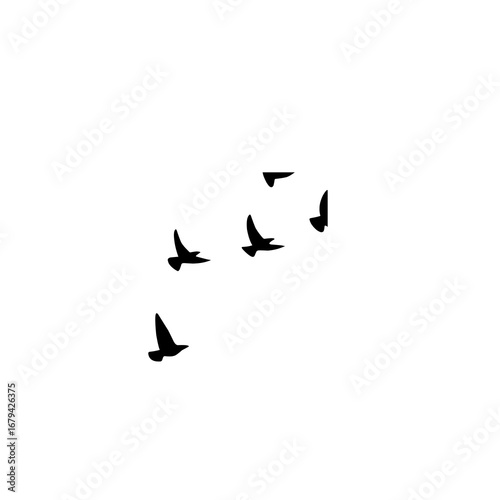 Birds flock flying silhouettes vector illustration, geese in autumn triangle formation, postcard greeting design, monochrome isolated white background.