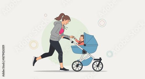 Mother jogging with baby in stroller illustration concept of health and family