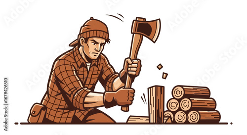 Lumberjack Chopping Wood with an Axe in a Brown Plaid Shirt Cartoon Illustration