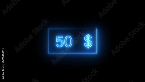 Neon Dollar  0 to 100 count. 0-100 dollar  neon glowing completed dollar with alpha channel .0 to 100 dollar count completed animation on a black background.