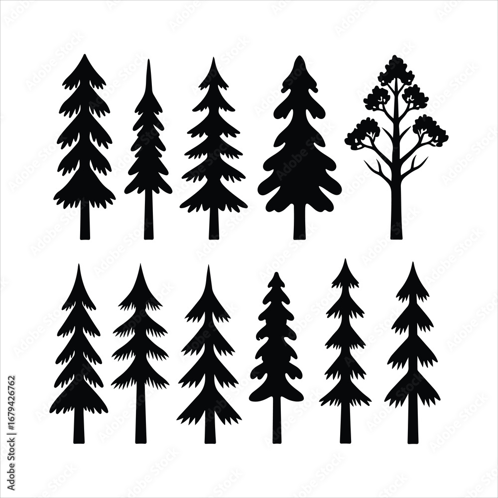 Obraz premium Collection of black pine tree silhouettes on white background fir tree evergreen