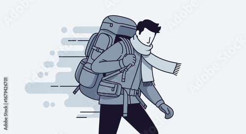 Man Backpacking in Winter Journey, Vector Illustration, White Background