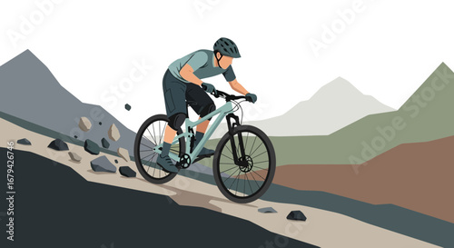 Mountain Biker Descending Rocky Slope, Showcasing Outdoor Adventure And Physical Endurance