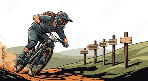 Mountain biker descending on trail with signs indicating directions for adventure