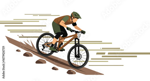 Mountain Biker Descending Steep Terrain At High Speed During A Sunny Day