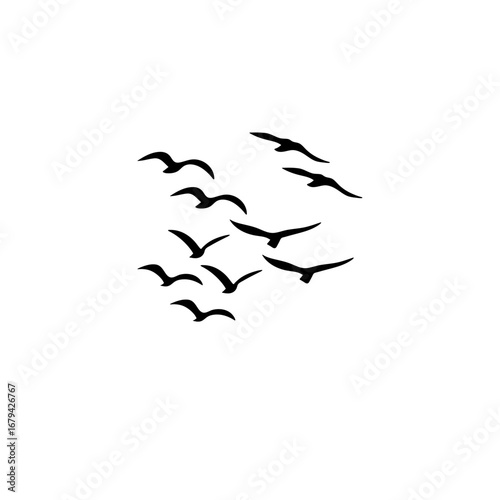"Vector flying birds flock illustration, geese silhouettes in triangle formation, greeting card or postcard design isolated on white background."