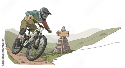 Mountain Biker Conquering Trail: Captivating Illustration Of High-Speed Downhill Adventure Sport