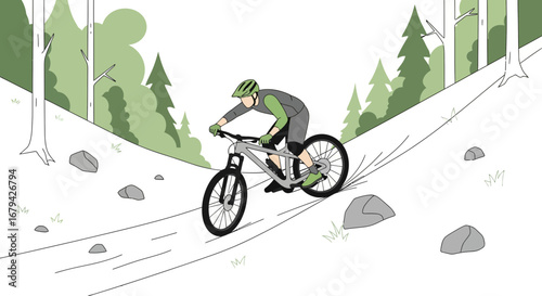 Mountain Biker Descending Trail Amidst Evergreen Forest Scenery on Snowy Sloped Pathway