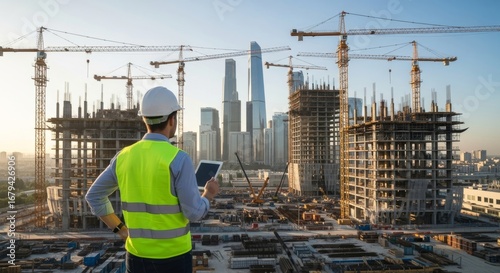 Construction Site Supervisor Using Tablet for Project Management
