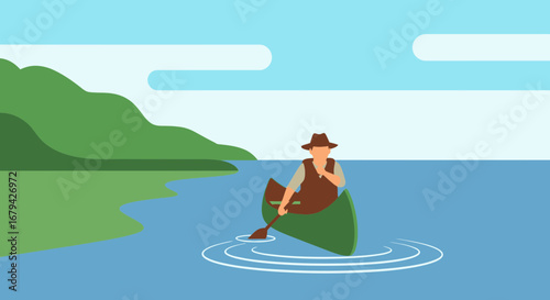 Man canoeing on water in a lake near a green hill on a sunny day