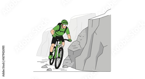 Mountain Biker Navigating a Rocky Trail with Green Bike and Gear Outdoors Active