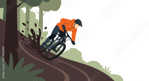 Mountain Biker Navigating Downhill Trail Through Forest, Action Sport Illustration Vigorously