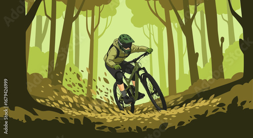 Mountain Biker Navigating Forest Trail, Energetic Descent Through Lush Greenery, Adventure
