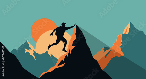 Man climbing a mountain during sunset creating a vector graphic illustration