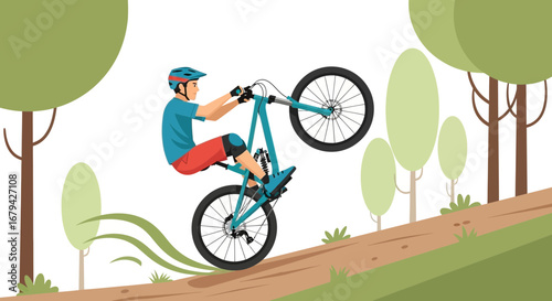 Mountain biker performing a wheelie up a hill on a dirt track in the outdoors