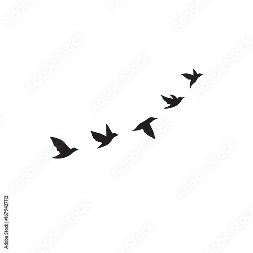 "Flock of flying birds vector silhouettes, triangle geese in autumn sky, invitation postcard card illustration on white background."