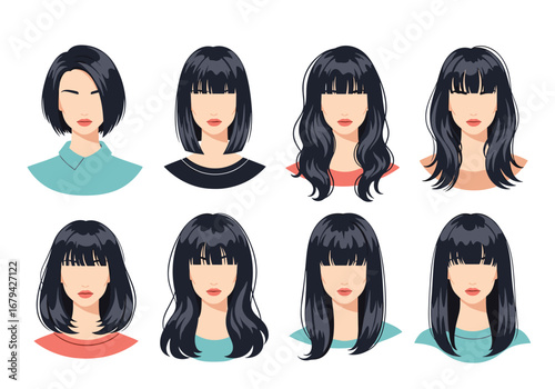 Collection of diverse hairstyles featuring bangs and different cuts for women