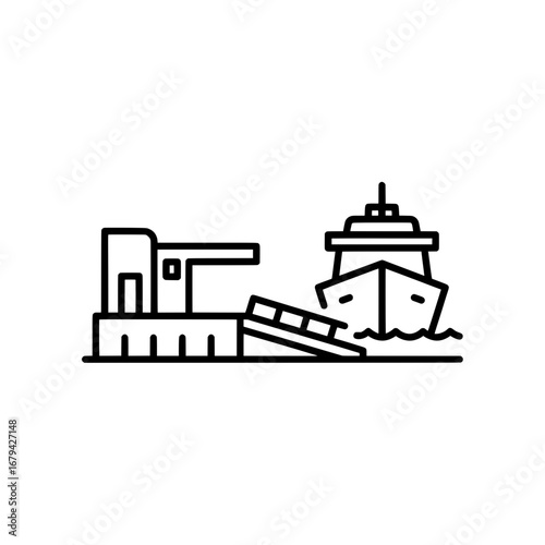 Dock with ships and crane on sea with transparent background