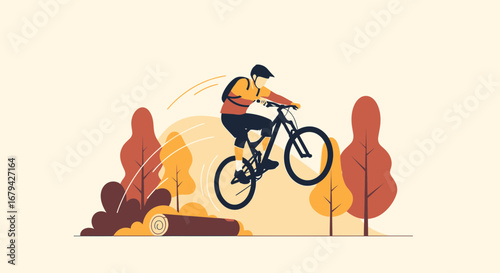 Mountain Biker Performs Stunt Over Log With Autumnal Foliage, Stylish Illustration