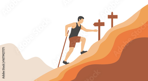 Man Climbing Ascending Path of Success Towards Signs With Trekking Stick