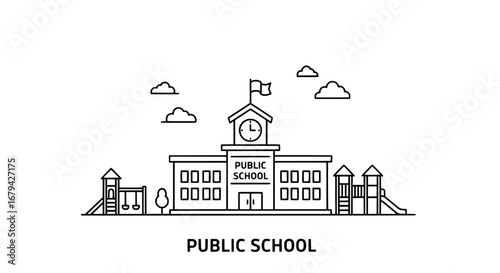 Public school building with transparent background