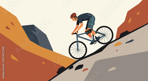 Mountain biker riding downhill on a rocky terrain enjoying the outdoor activity