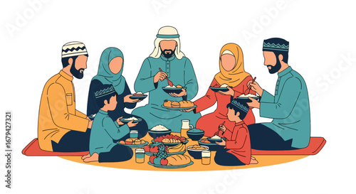 Adobe illustrator artwork vector illustration of a happy Muslim family, including parents and children, sharing a traditional meal together on the floor during Ramadan or Eid.