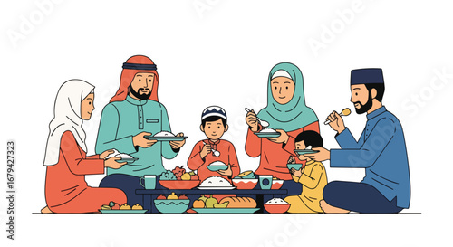 Adobe illustrator artwork vector illustration of a happy Muslim family, including parents and children, sharing a traditional meal together on the floor during Ramadan or Eid.