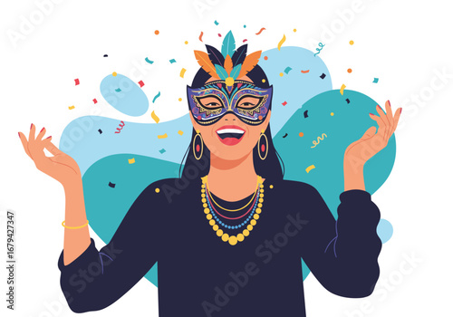 Celebratory woman wearing a colorful mask and jewelry enjoying a festive event