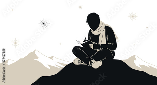 Man Contemplating Ideas And Ideas Sketching During Nature Time Mountain View