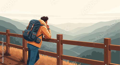 Man Contemplates Majestic Mountain Scenery While Leaning On A Wooden Fence Outdoors