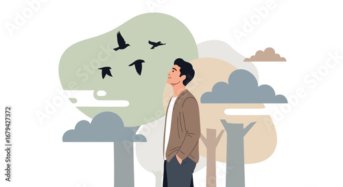 Man Contemplating Birds and Clouds in a Serene, Minimalist, and Artistic Composition