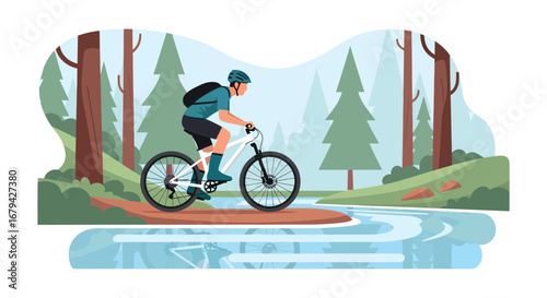Mountain biker riding through nature landscape exploring active tourism and healthy lifestyle