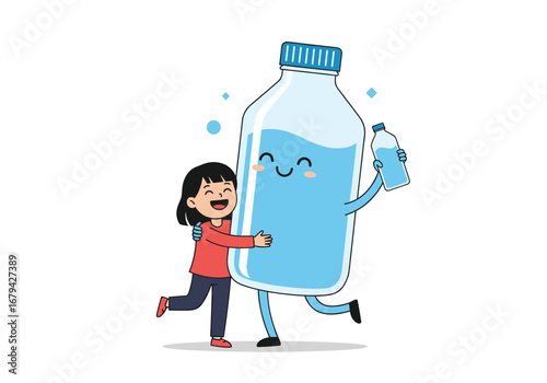 A young girl joyfully hugs a large animated water bottle