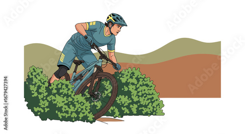Mountain Biker Riding Through Bushes Vector Illustration on White Background