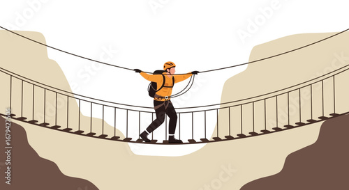 Man crossing a suspension bridge high up between two mountains vector illustration