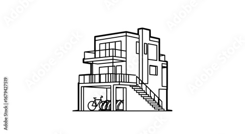 Modern house with balcony and bicycles with transparent background