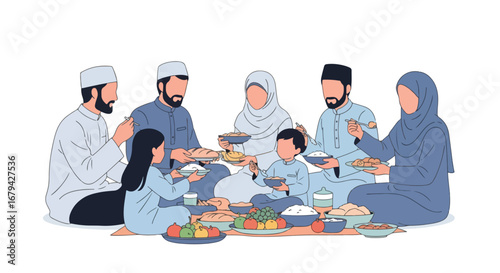 Adobe illustrator artwork vector illustration of a happy Muslim family, including parents and children, sharing a traditional meal together on the floor during Ramadan or Eid.