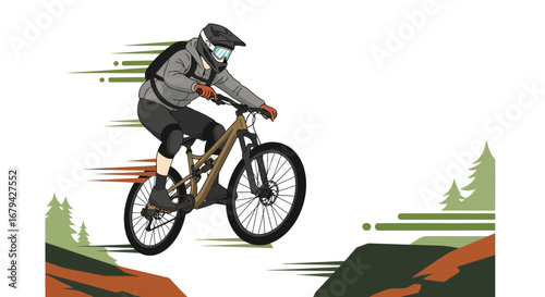 Mountain biker vector illustration doing a jump during a downhill race