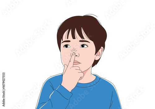 Young person picking their nose with a finger showing curiosity and thoughtfulness