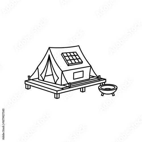 Tent with solar panel on raised platform and fire pit with transparent background