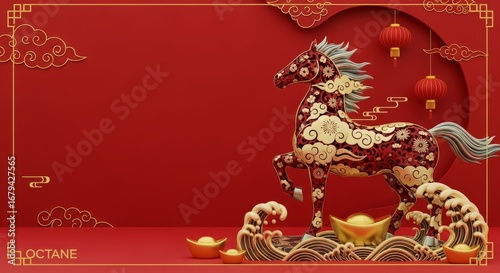 Chinese New Year Decoration with Ornate Horse and Lanterns