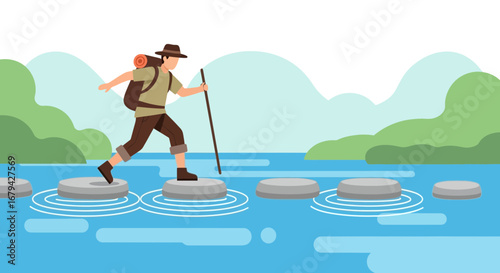 Man crossing river by stepping stones, adventure, cartoon illustration, concept